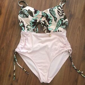 Time and Tru peach blush cut out floral one piece ruched sides m